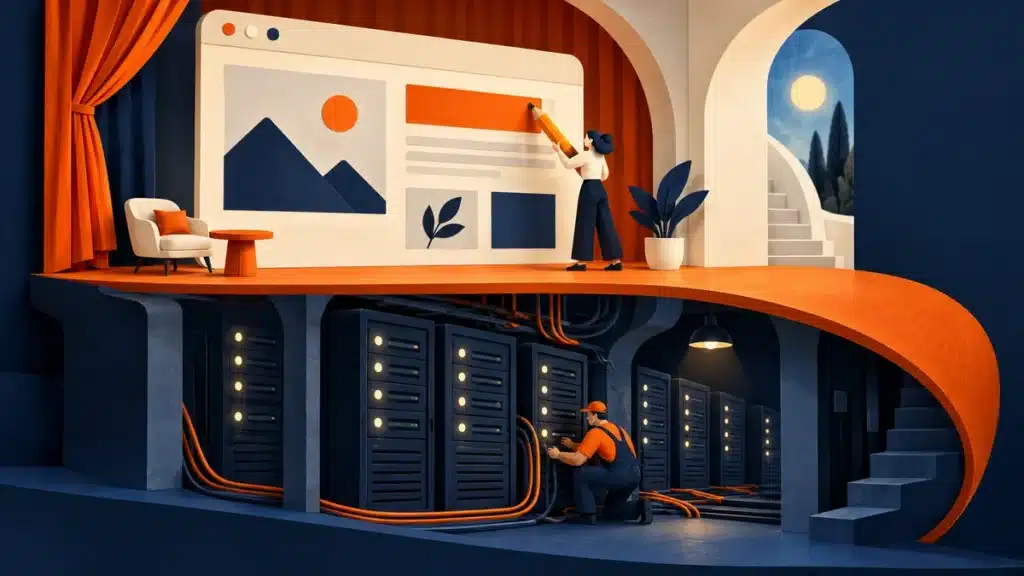 Cutaway illustration of website maintenance and hosting, with content work above server infrastructure.
