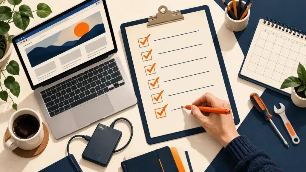 Illustration of a website maintenance checklist beside a laptop, backup drive and calendar.