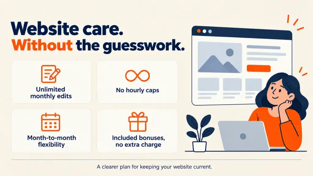 Website care benefits: unlimited monthly edits, no hourly caps, month-to-month flexibility and included bonuses at no extra charge.