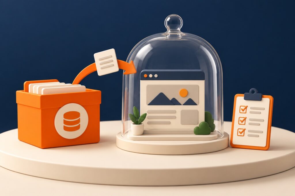 WordPress backup restore rehearsal on an isolated website copy under a protective glass dome