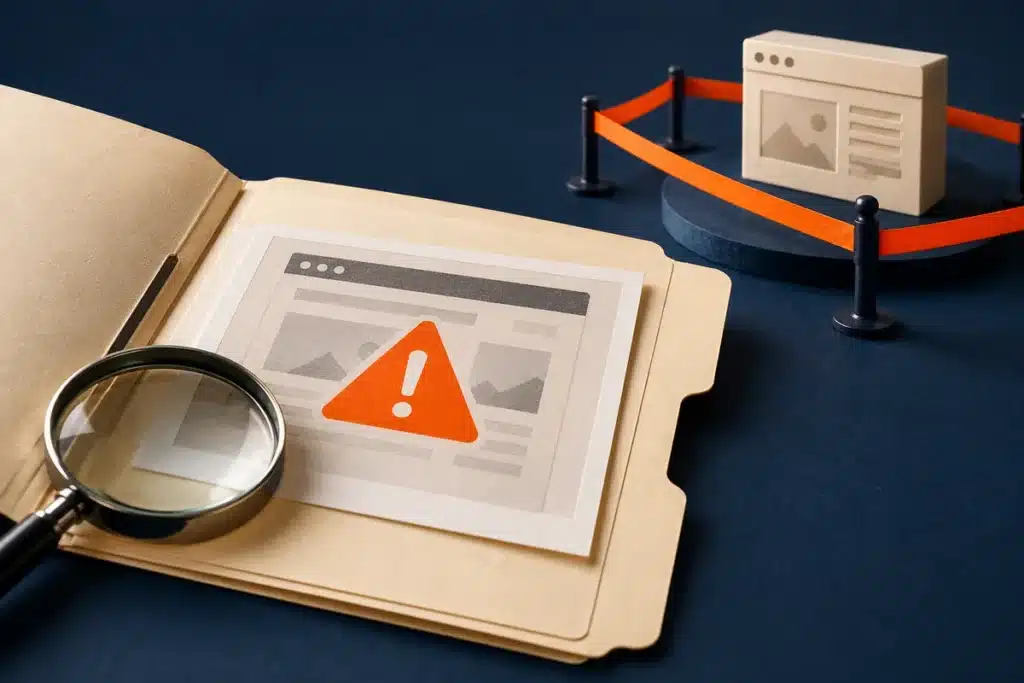 WordPress malware removal evidence folder with a warning printout and a website separated for investigation