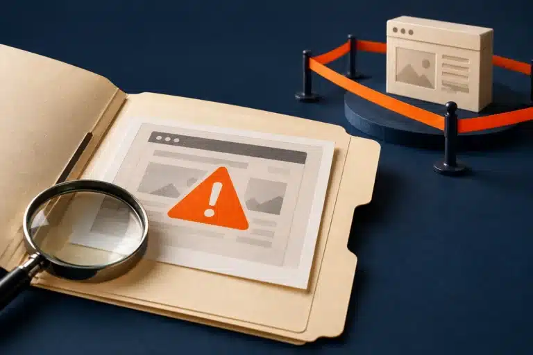 WordPress malware removal evidence folder with a warning printout and a website separated for investigation