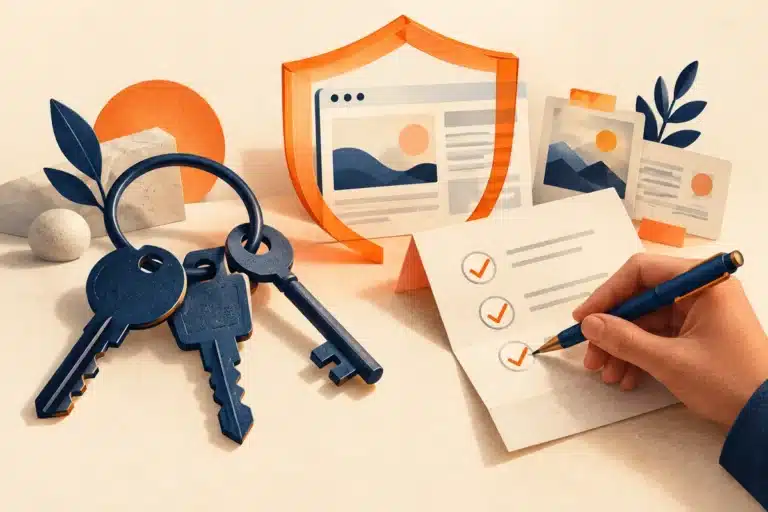 WordPress security checklist with account keys, a website shield and dated evidence notes