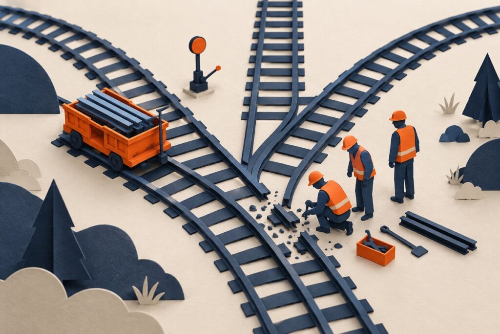 Repair trolley at a rail junction, symbolizing recovery when a WordPress update broke a site.